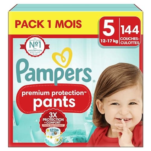 Pampers Premium Protection Pants, Taille 5, 144 Couches-Culottes, 12-17kg, Notre Meilleur Confort & Protection, Maintien 360° Contre Les Fuites et Matières Ultra-Douces, Pack 1 Mois