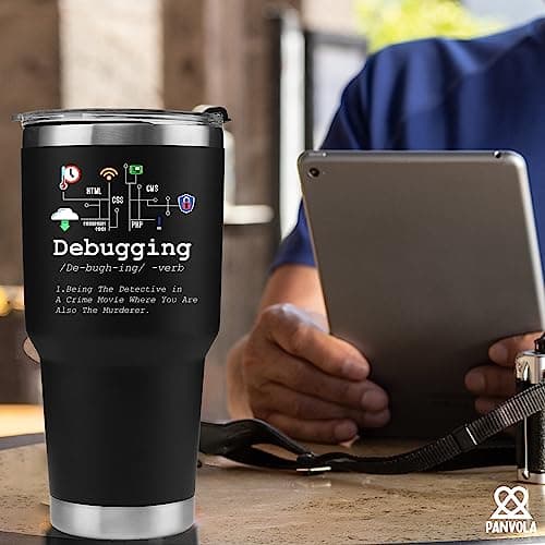 Panvola 'Debugging Definition ' Programmeur informatique Étudiant Enseignant Codeur Programmation Gobelet isolé sous vide Tasse de voyage en acier inoxydable avec couvercle amovible en paille (30 oz)