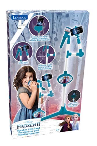 Lexibook- Disney Microphone La Reine des Neiges 2 Elsa Anna Olaf avec Enceinte et Pied Lumineux, Prise auxiliaire pour connecter la Musique, Bleu/Violet, S150FZ_50