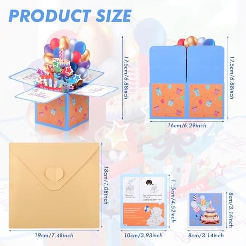 JIZZU Carte d'anniversaire Musicale, Pop-up 3D Carte Anniversaire avec Bougie à Souffler Music Lumière, Carte d'anniversaire pop-up 3D avec Enveloppe pour Femmes Hommes Filles Amis Mères