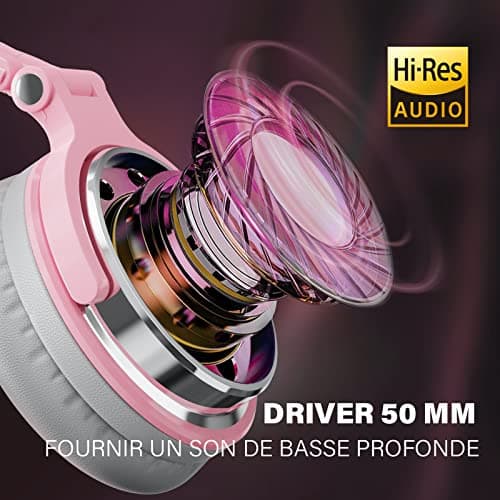 OneOdio Casque Audio Filaire DJ Piano Guitare avec Micro, Hi-Res Audio Extra Basse Son, Léger Confort Pliable Casque avec Share-Port, 2 Prise Jack, Headphone PC Studio Monitor AMP Pro-10(Rose Gris)