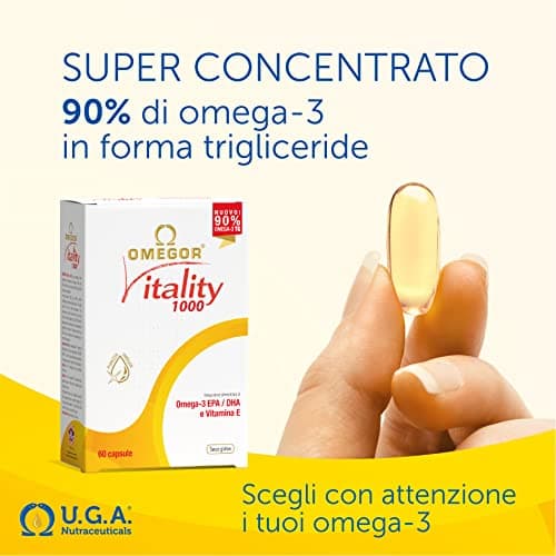 Omegor Vitality 1000 - Supplément alimentaire avec 90% des oméga 3 sous forme de triglycérides - avec de la vitamine E - pour le cœur, la vision et le cerveau en santé - 30 gélules