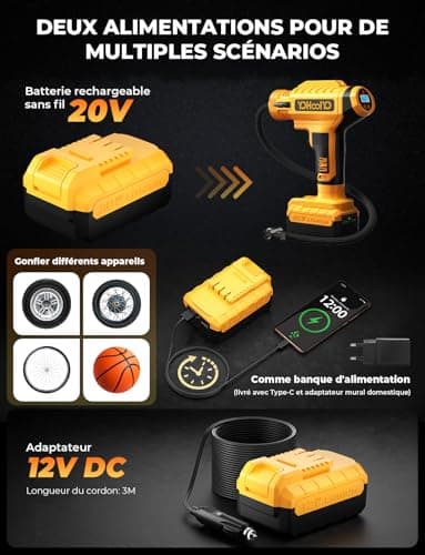 YOHOOLYO Compresseur à Air Portatif Compresseur Voiture 150PSI Gonfleur Pneus Voiture Arrête Automatique avec Ecran LCD Lumière LED Type-C Câble 4 Buses pour Voiture Moto Vélo Balle