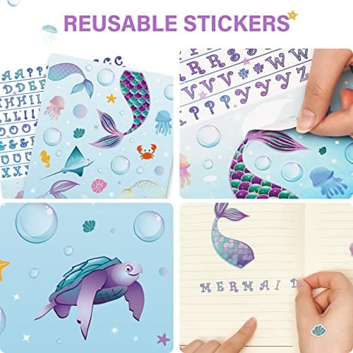 WERNNSAI Ensemble de Carnet de à Paillettes- Journal de Sirène Cadeau pour Filles Enfants Bleu Voyage Journal a5 Cahier Écriture Bloc de note stylo à bille, autocollantsavec serrure et clés