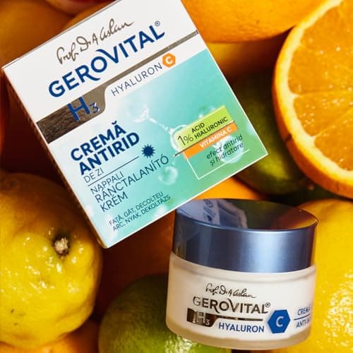 Crème Hydratante Anti-Rides Antioxydante pour Visage de Jour à l'Acide Hyaluronique, Vitamine C et E, 50 ml, Gerovital H3 Hyaluron C