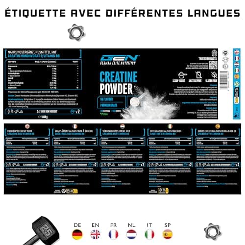 Créatine en poudre - 1kg / 1000 g - pure monohydrate - Solubilité optimale - Vegan - Sans additifs - German Elite Nutrition