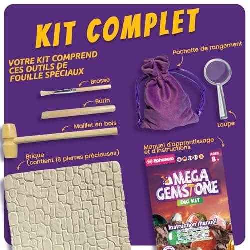 Epheauro Kit d'Excavation de Pierres Précieuses pour Enfants de 8 Ans et Plus- 18 véritables Pierres Précieuses avec Guide d'apprentissage