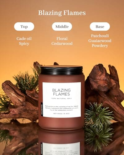 M&SENSE Bougie parfumée Flammes Ardentes Senteur feu de bois, patchouli et bois de cèdre Grande bougie en soja naturel de 550g Brûlage de 110 heures Cadeau de bougie d'aromathérapie