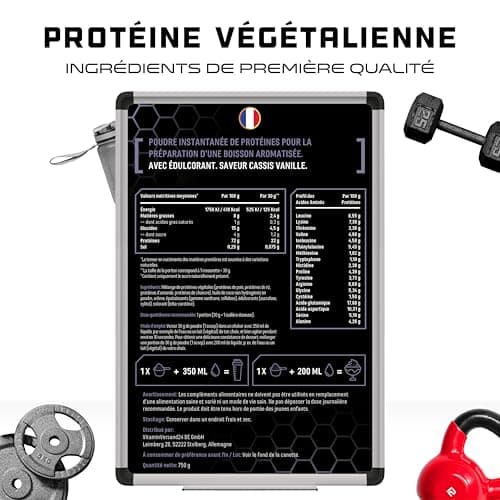 Poudre de protéine végétalienne - Protéine végétale de pois, riz, amande et chanvre - Sans soja - Délicieuse & crémeuse - (750 g, Vanille Cassis)