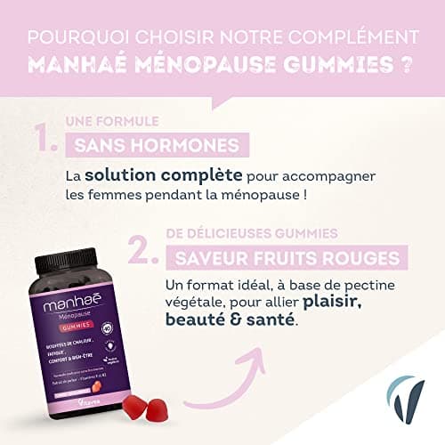 Manhaé - Ménopause Gummies - Complément alimentaire ménopause sans hormones - Bouffées de chaleur, fatigue, bien-être - Pollen BIO, Vitamine E, Vitamine B2-60 gummies saveur fruits rouges - 1 mois