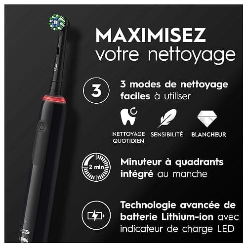 Oral-B Pro 3 3500 Brosse À Dents Électrique, Avec Capteur De Pression Pour Protéger Les Gencives, 3 Modes De Nettoyage, 1 Manche Noir, 1 Étui De Voyage, 1 Brossette Ronde De Rechange