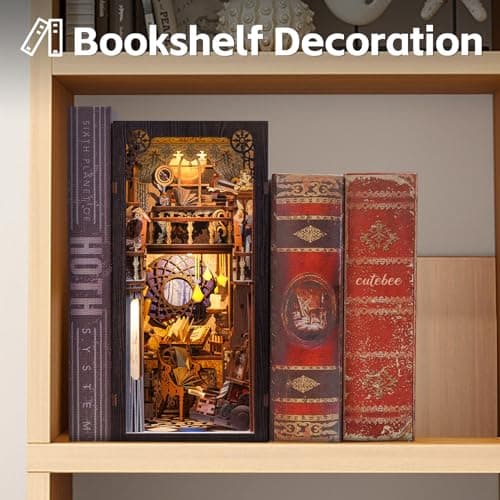 CUTEBEE DIY Book Nook Kit avec Housse de Protectio, de Maison de Poupées Miniatures avec Meubles et Lumière LED,Puzzle 3D en Bois,Serre-Livres d'art, modèles pour Adultes à Construire(RK02B)
