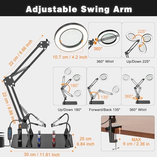 Jubor 10X & 15X Loupe avec Lumière et Support, Aide Magnétique à Souder Main Secourable, Troisième Main Loupe à Souder avec 3 Modes de Couleur Gradable, Lampe Loupe pour Bricolage, Soudage, Loisirs