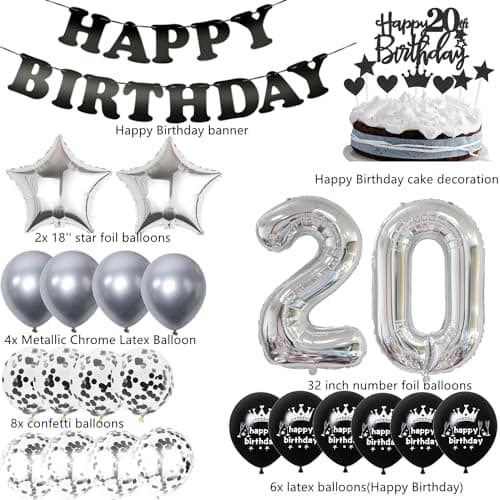 Noir Argent Décoration 20 ans anniversaire,Ballon 20 ans anniversaire Argent Noir,Ballon 20 ans anniversaire Femme,Décoration fête 20 ans,Décoration anniversaire 20 ans Homme Noir Argent