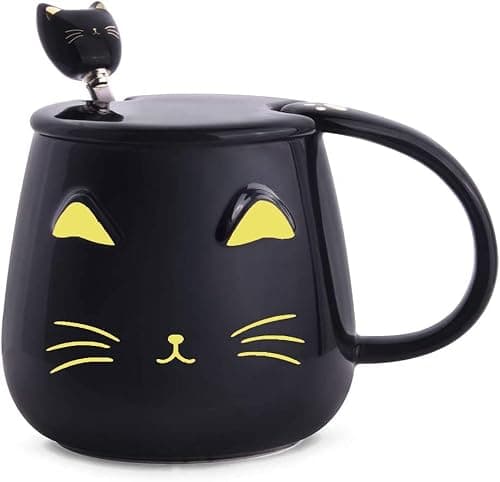Sevitini Tasse de chat, Tasse a cafe avec cuillère y couvercle, céramique kawaii Mug avec chat, 450ml, Tasses à café, pour les amateurs de chatons,Cadeau de Noël ou d'anniversaire (Noir)