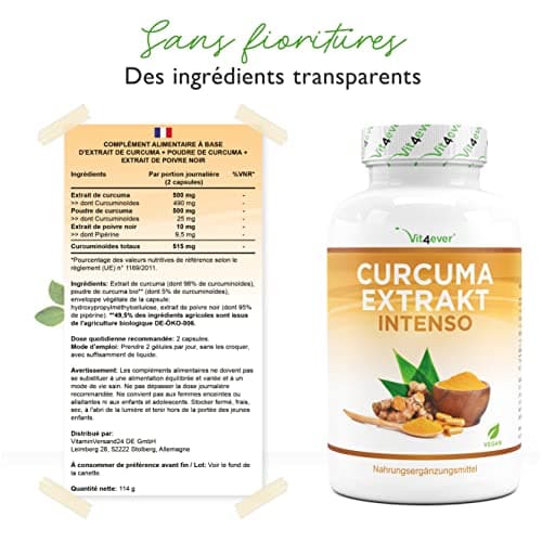 Curcuma - 180 gélules - Premium : avec 98% d'extrait - la teneur en curcumine par portion journalière correspond à 17.150 mg de curcuma - Vegan
