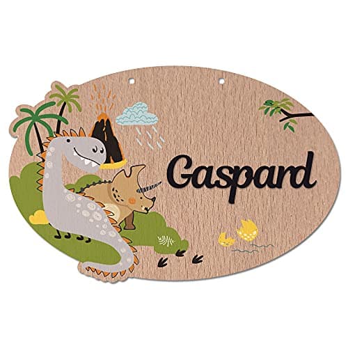 Plaque de Porte Personnalisée Dinosaure. Plaque Chambre Enfant. Plaque Bois Personnalisable avec Prénom. Décoration Chambre Enfant Dinosaures - 2 perçages en Haut, Plexi Noir