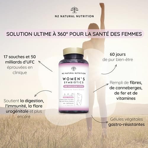 Formule Féminine Compléte avec Probiotiques, Fer, Cranberry et Acide Folique. Probiotique Flore Intestinale et Flore Vaginale (50 Milliards UFC) 60 Gélules. N2 Natural Nutrition