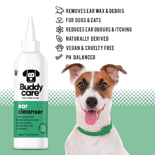 Buddycare | Nettoyant pour oreilles de chien | Solution nettoyante apaisante pour les oreilles des chiens | Ingrédients d'origine naturelle avec Aloe Vera, 200 ml (1 paquet)