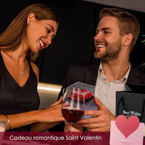 boîte de Rose eternelle avec Bijoux Argent 925,Collier Femme,Pendentif Coeur avec Rose Conservée et Stabilisée Rouge,Cadeau pour Elle la Noël,La Saint-Valentin,Fête des mères,Anniversaire