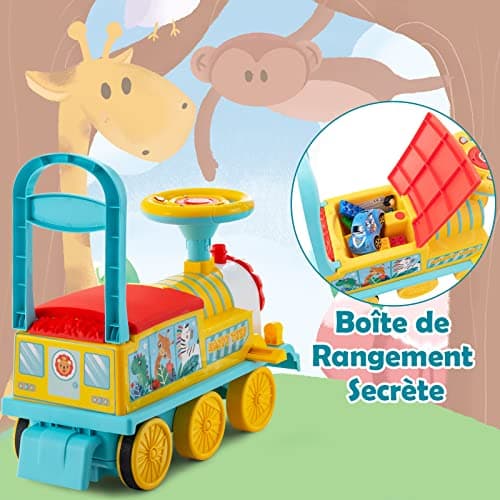 DREAMADE Train de Porteur Bébé Électrique avec 16 Pistes, Voiture à Pousser avec Lumières et Sons,Espace caché sous Le Siège, Cadeau de 3 Ans + (Bleu)