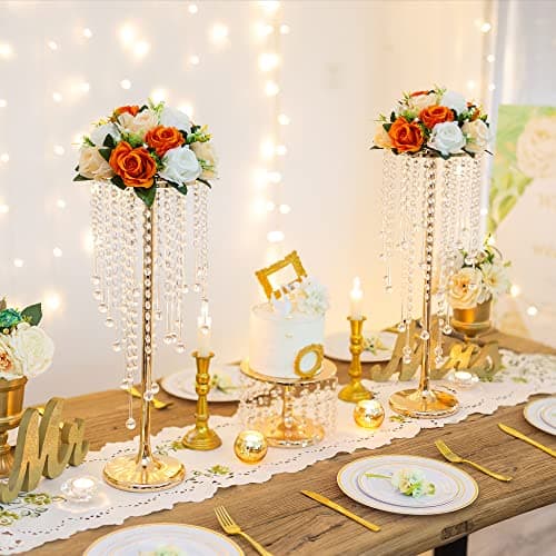 Sziqiqi 55cm Doré Centre de Table Mariage Vase avec Chaîne en Cristal - 2 Pièces Vases Centre de Table Fleur en Métal Vase Mariage Haut Anniversaire Bapteme Noel Communion Nouvel