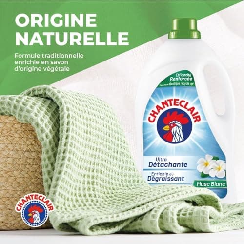 Chanteclair - Lessive Liquide Concentrées Musc Blanc, Enrichie au Dégraissant, Ultra Détachantes et Efficaces aussi à Froid, 40 lavages - 1800 ml x 3