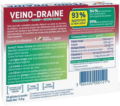Alvityl - Veino-Draine - Circulation, Action drainante, Jambes légères - Vigne rouge - 93% de satisfaction- 30 gélules