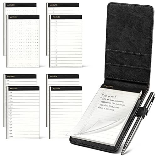 WEMATE Cuir PU Carnet de Poche,Bloc Note,10 Mini Bloc Notes de Poche avec recharges et stylo à bille en métal pour,Petit Carnet de Notes de Poche,pour bureau, école Noir