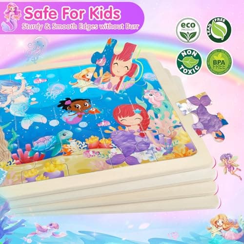 Puzzle en Bois La Licorne Sirène Princesse Fée pour 3 4 5 6 Ans, Puzzle Enfant 4×24 Pièces, Jouet Educatif Préscolaire, Montessori Cadeaux Enfant de 3 à 8 Ans Garçons Filles