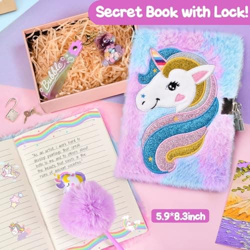 Licorne Cadeau Fille 4 5 6 7 8-10 Ans Peluche Journal Intime Carnet LED Étoile Coussin Masques de Sommeil Porte Clé Licorne Bandeau Maquillage Peigne Miroir Licorne Jouet Anniversaire Fille Cadeau