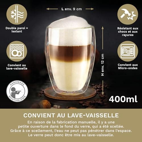Creano Verre Thermique XXL à Double paroi 400 ML, Verre à café/Verre à thé/Latte Macchiato Extra Large résistant à la Chaleur en Verre borosilicaté, Lot de 6