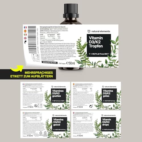 Gouttes de vitamine D3 et K2 50 ml – premium : >99,7% all-trans (K2VITAL® de Kappa) + D3 hautement biodisponible – produit testé en laboratoire, fortement dosé, liquide