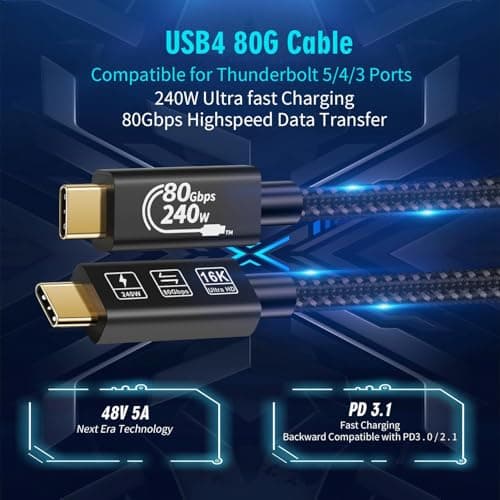 CABLEDECONN Thunderbolt 5 Rallonge 1M 3.3FT USB 4 80gbps Données Ultra - Rapides 240W Câble de Charge Rapide 16k Connexion Vidéo Ultra HD USB Type-C
