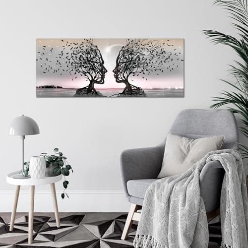 Runa Art Tableau Decoration Murale - Couple d'Amoureux - Moderne Toile non Tissée - Salon Salle - Abstrait Arbre Gris Rose - 044812b