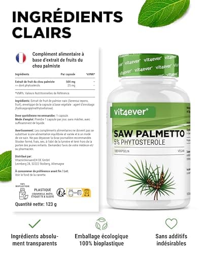 Extrait de palmier nain - 180 capsules avec 500 mg d'extrait réel - Premium : 5% de phytostérols = 25 mg - Extrait de palmier nain à haute dose - Vegan