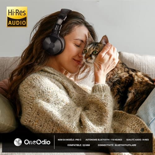 OneOdio ProC Bluetooth Casque sans Fil et Mode Filaire, 110 Heures d'utilisation,Casque Audio avec Micro, Hi-RES Audio, Coussinets en Protéines Douces, Extra Basses, Confortable Léger Pliable Noir