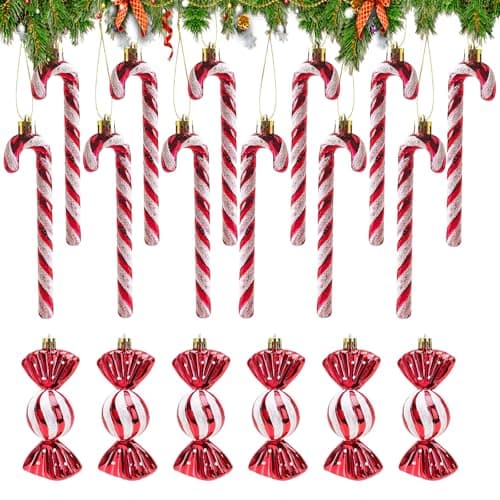 Focenat 18 Pcs Canne de Bonbons Plastique de Noël, Sucre d'orge pour Sapin Noël, Suspendus Candy Cane, Ornements de Sapin Noël, Pendentif de Noël de Décorations (Rouge)