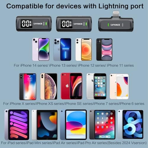 LVVIACE Micro Cravate pour iPhone iPad avec étui de Chargement de 40 Heures pour l'émetteur et l'affichage Numérique, Micro Cravate sans Filde 82 Pieds avec Annulation de Bruit (Lightning)