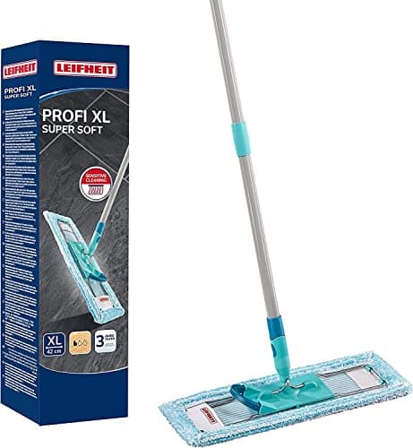 Leifheit Lave-sol Profi XL super soft manche en acier 146 cm, Balai microfibre housse super douce, Balai à plat 360°, Accessoire ménage idéal pour parquet, stratifié, pack écologique, Click-system