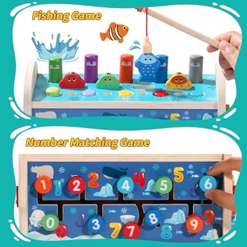 funsonjoy Jouet Bebe 1 An Fille, Jouet Enfant Montessori 1 An, Cadeau Enfant Bebe 1 2 3 An Fille Garcon, 6 en 1 Jeux Bois Bebe 1 An avec Jeu de Taupe & Jeu de Pêche & Xylophone Bebe & Horloge Jeu 1 An