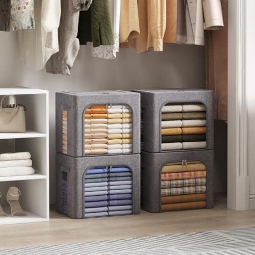 Lifewit Lot de 3 Sacs de Rangement Robuste avec Cadre en Métal, Boîte de Rangement Pliable, Organisateur Placard, Rangement Sous Lit, Boîtes Rangement pour Vêtements, Couvertures, 40L, Gris