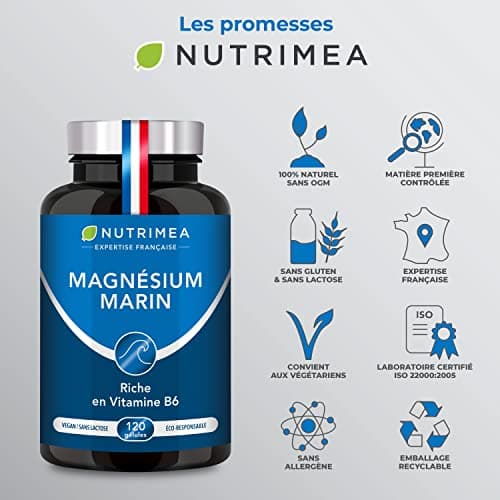 Magnésium Marin et Vitamine B6 | Breveté Simag55TM | Combat Efficacement la Fatigue | 150 mg/jour | 120 Gélules d'Origine Végétale | 4 Mois de Cure | Fabrication Française | Nutrimea