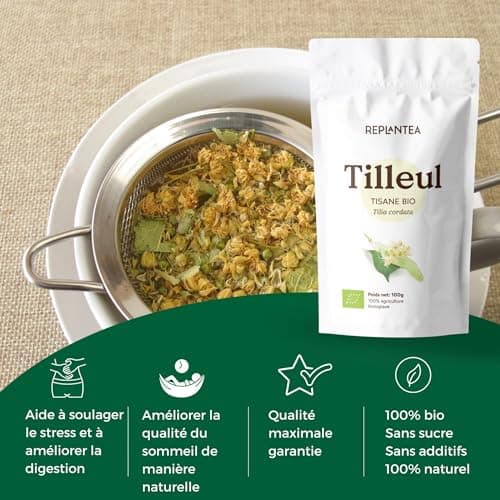 TILLEUL TISANE BIO 100g (50 Tasses) | Infusion Tilleul, Tisane Fleurs Tilleul, Lime Blossoms Tea | Tilia Cordata REPLANTEA