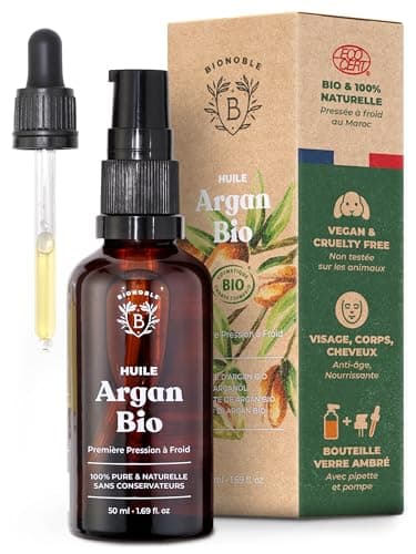 Bionoble Huile d'Argan Bio 50ml + Pipette et Pompe - Bouteille en Verre - 100% Pure, Naturelle, Pressée à Froid - Huile Argan Cheveux Visage Corps - Pure Organic Argan Oil, Huile dArgan Cheveux