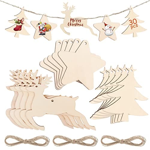 30 pcs Suspension Bois de Noël, Pendentifs en Bois Bricolage avec Ficelle pour Décorations Arbre de Noel(Sapin de Noël, étoiles et rennes)