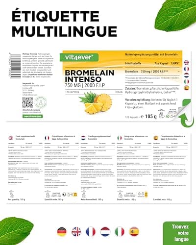 Bromélaïne Intenso - 750 mg (2000 F.I.P) - 120 gélules gastro-résistantes - Extrait naturel d'ananas - Testé en laboratoire - Vegan - Hautement dosé