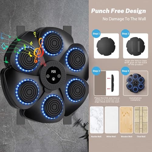 EagerMinds Machine à Boxe Musicale, 2024 Nouvelle Machine de Boxe Murale Intelligente -Bluetooth avec Gants de Boxe Adultes Enfants, 9 Le Mode de Vitesse et de décompte (Noir + Gant)