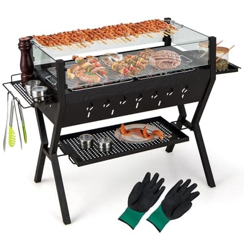 GOPLUS Barbecue à Charbon de Bois avec Verre Coupe-vent, Grille à Griller, BBQ Grill avec Supports d'Assaisonnement et Étagère de Rangement pour Pique-Nique, Jardin, Camping, 98 x 42 x 68 cm