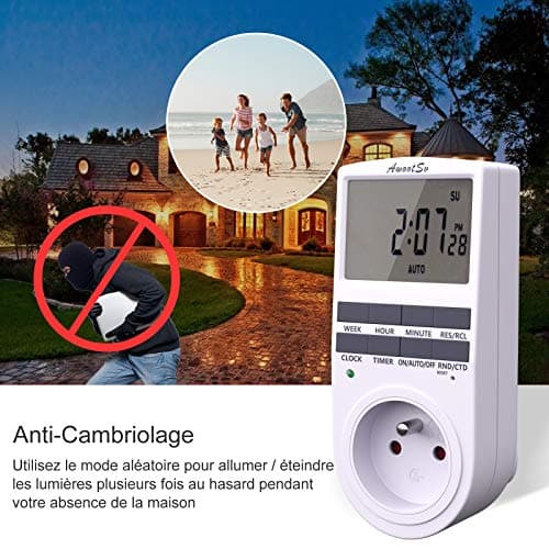 Awootsv Prise Programmable Digitale avec Compte à rebours Minuterie Numérique Journalier/Hebdomadaire Programmateur Prise Electrique avec Ecran LCD et Mode Aléatoire Antivol (2 Pack)
